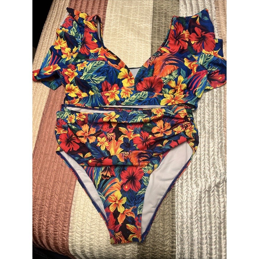 Unbranded Women High Waist 2 PC Bikini Set Floral Ruffle Swimsuit 1XL Multicolor